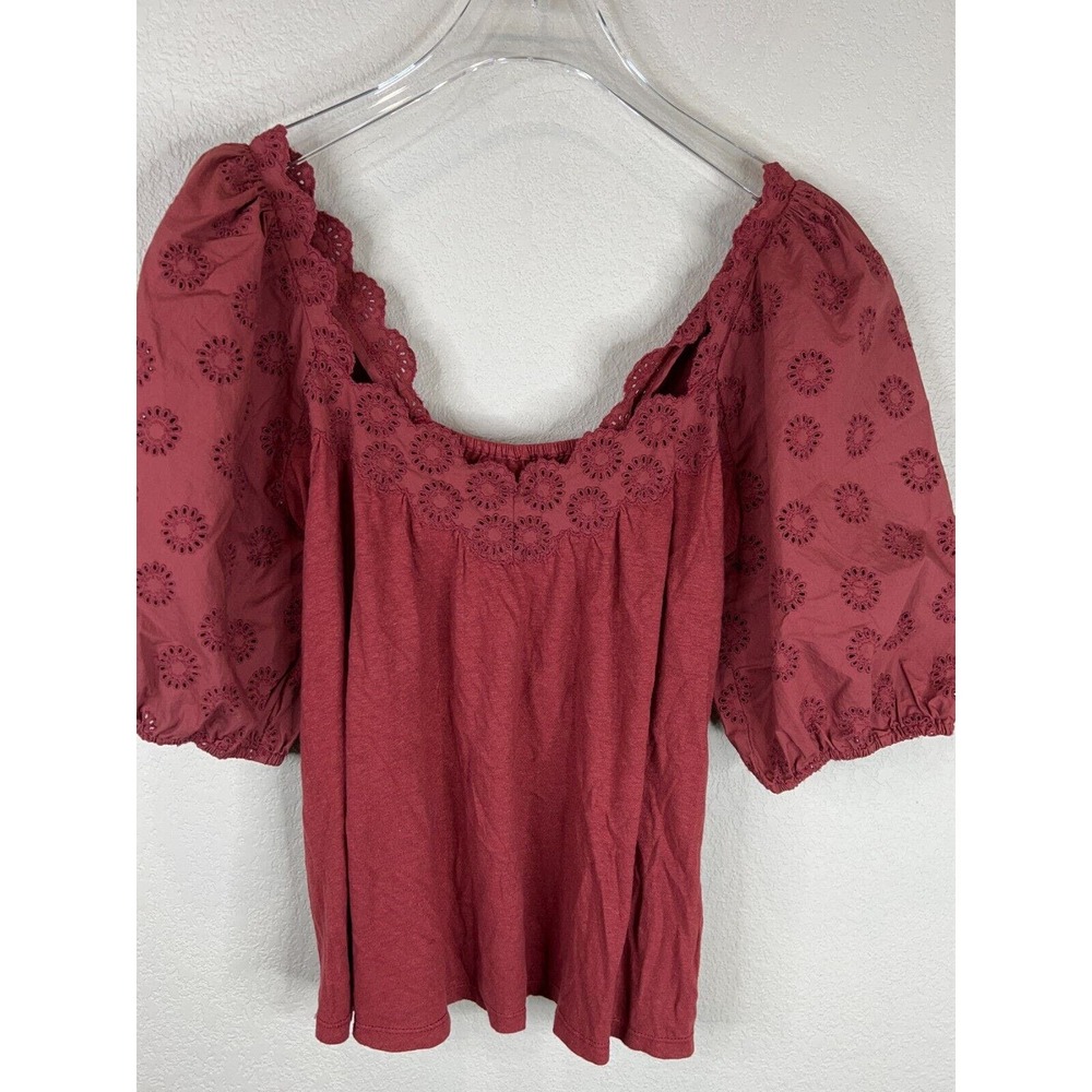 La Vie Rebecca Taylor Womens Blouse Top Small Red‎ Eyelet Puff Sleeve Boho Retro